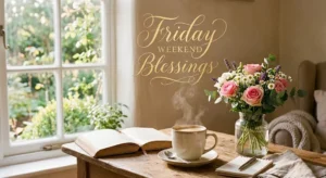 Friday weekend blessings with peaceful morning flowers and warm sunlight