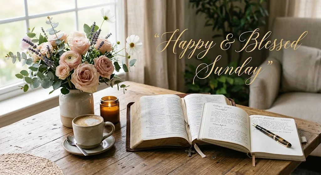 Happy and blessed Sunday wishes with a peaceful morning scene