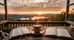 Happy Monday blessings with a peaceful sunrise and morning coffee