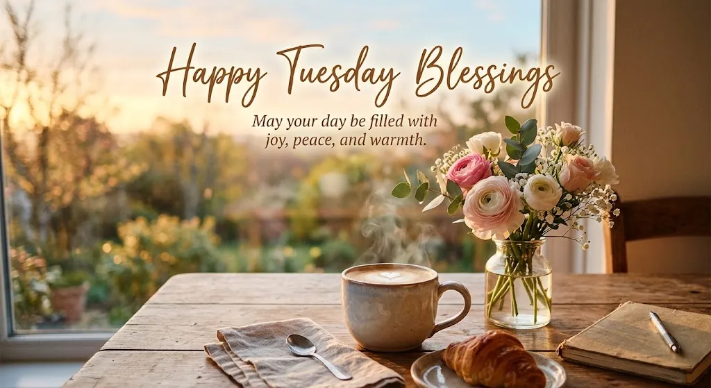 Happy Tuesday blessings with a peaceful morning scene