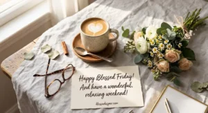Warm Friday morning flat-lay with coffee and a handwritten blessed Friday and weekend note
