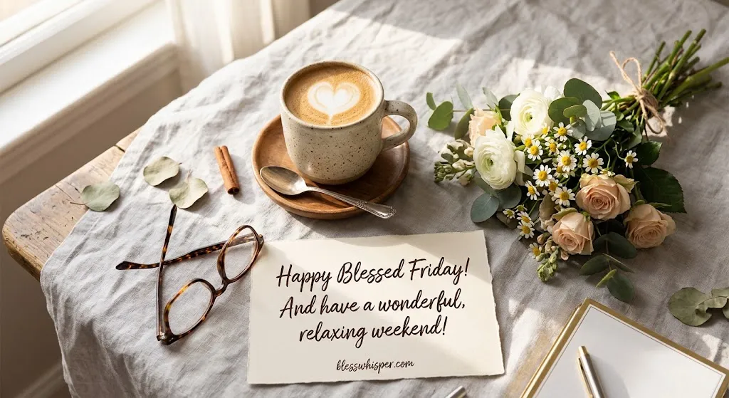 Warm Friday morning flat-lay with coffee and a handwritten blessed Friday and weekend note