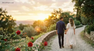 Anniversary wishes for couple with a romantic couple celebrating love at sunset