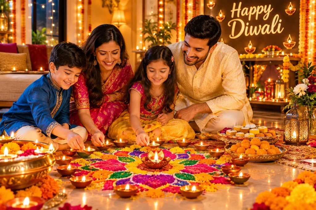 Beautiful Happy Diwali Wishes featuring a joyful family celebrating with glowing diyas, rangoli, sweets, and festive decorations.