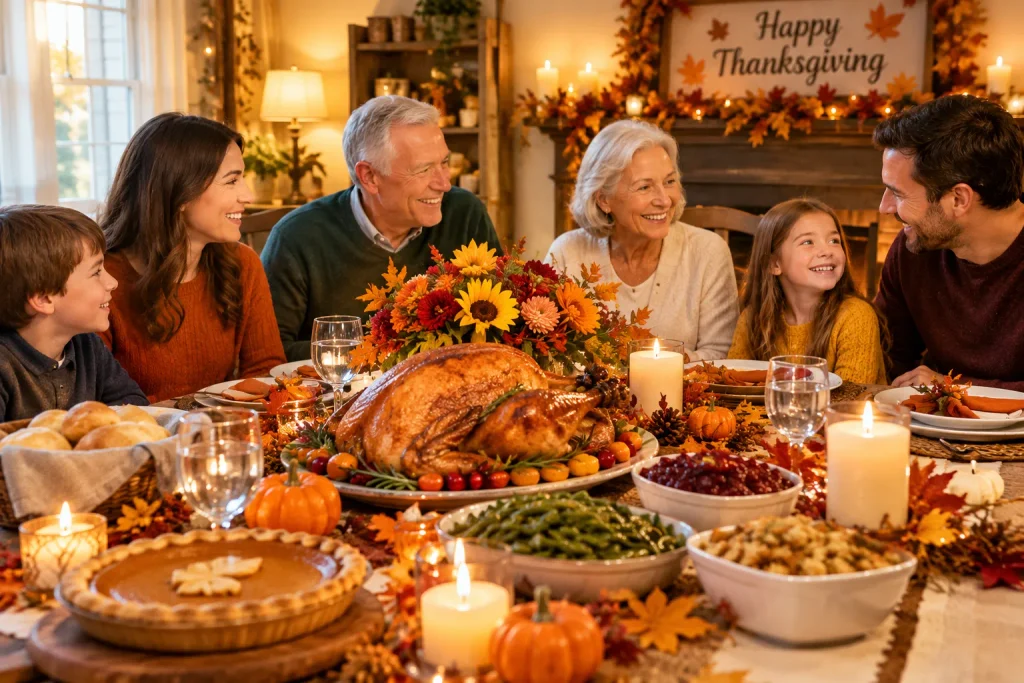 Happy Thanksgiving Day wishes with a joyful family celebrating around a beautifully decorated Thanksgiving dinner table.