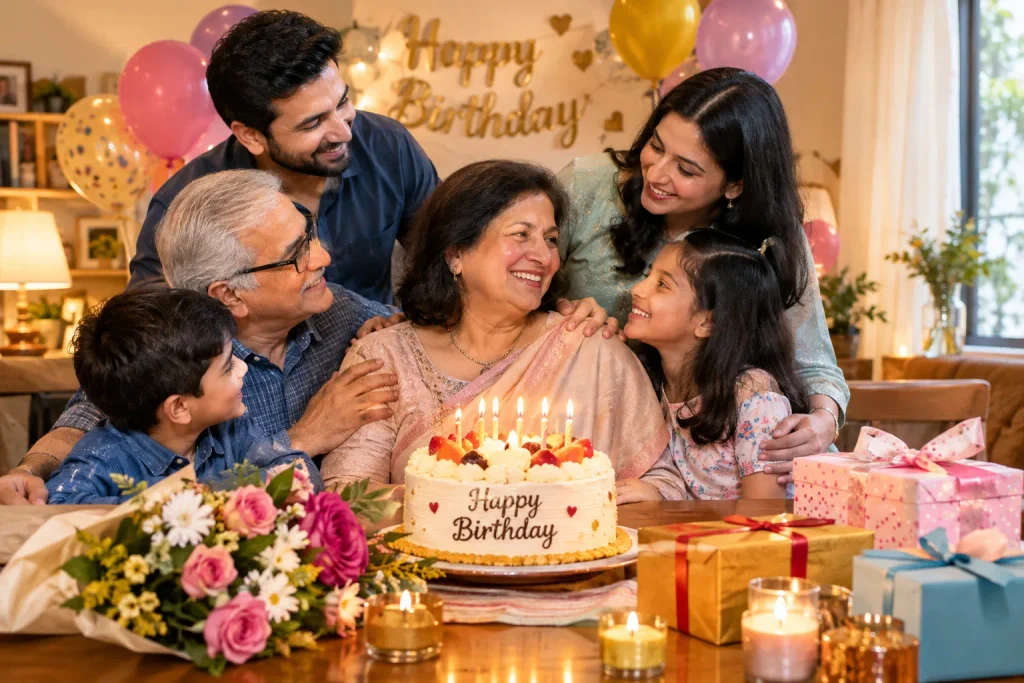 Belated happy birthday wishes for family with parents, children, grandparents, birthday cake, and gifts