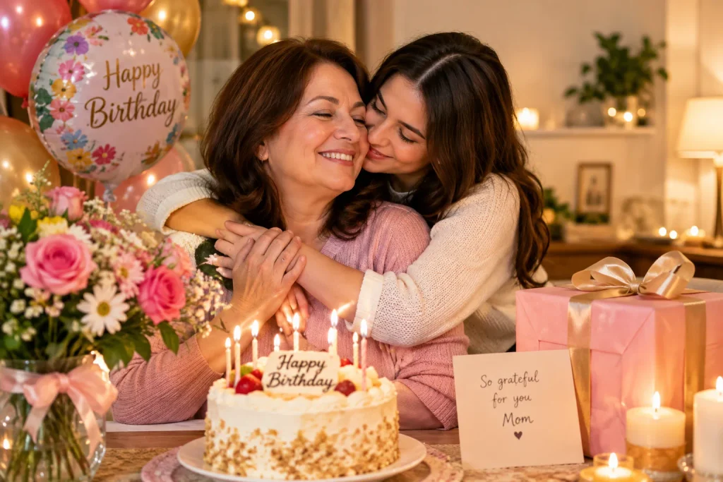 Belated happy birthday wishes for Mom or Dad with a loving parent-child hug, birthday cake, flowers, and gift