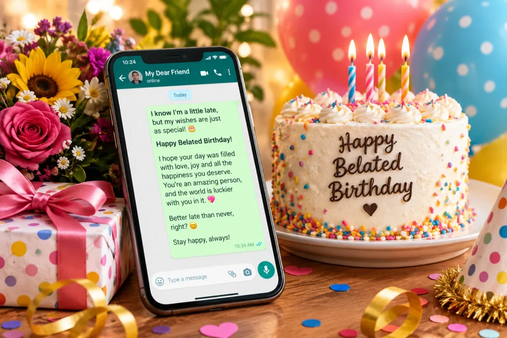 Belated happy birthday wishes for WhatsApp displayed on a smartphone beside a birthday cake, balloons, and flowers