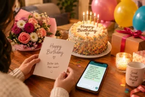 Belated happy birthday wishes with a heartfelt birthday card, cake, gift, balloons, and flowers