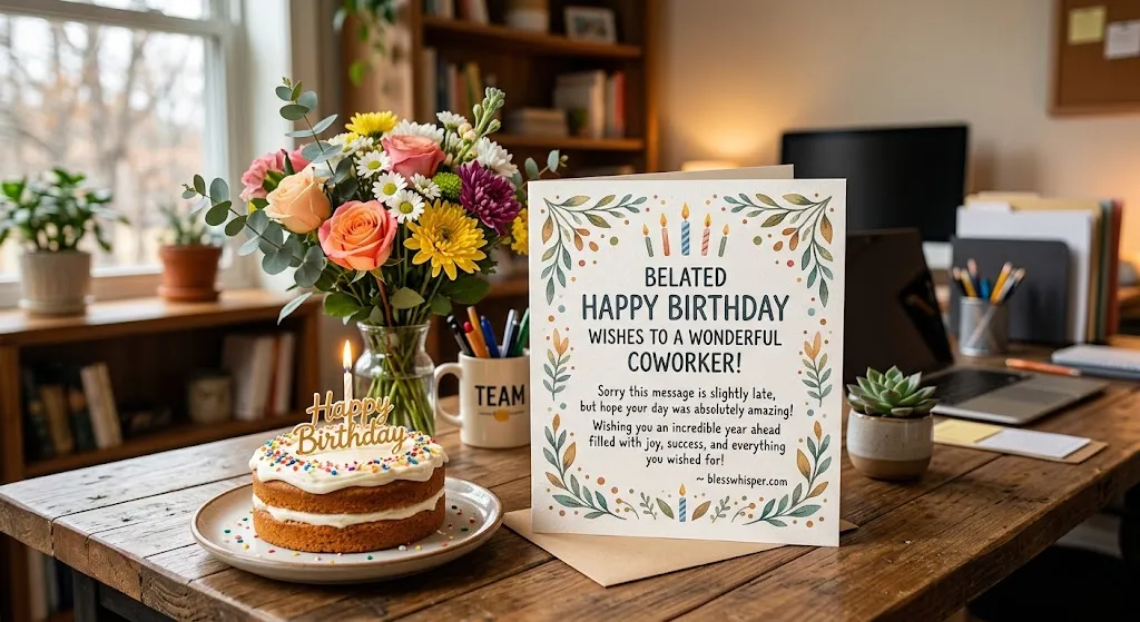 Belated happy birthday wishes for coworker with birthday card cake and office decorations