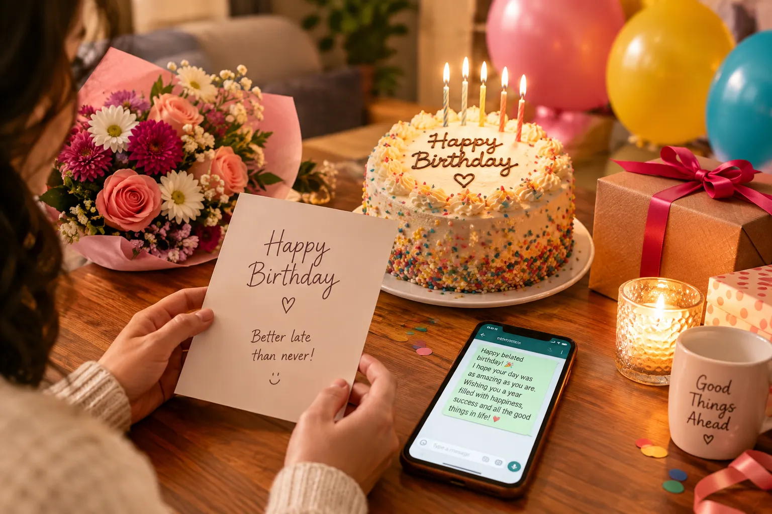 Belated happy birthday wishes with a heartfelt birthday card, cake, gift, balloons, and flowers