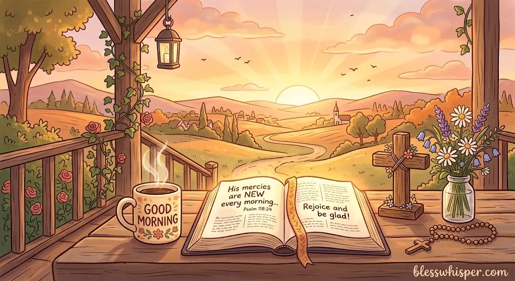 Bible Verse Good Morning Blessings with an open Bible at sunrise