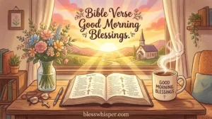 Bible Verse Good Morning Blessings with an open Bible and peaceful sunrise