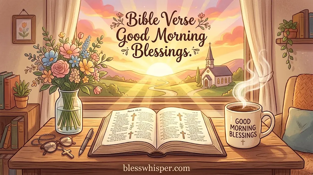 Bible Verse Good Morning Blessings with an open Bible and peaceful sunrise