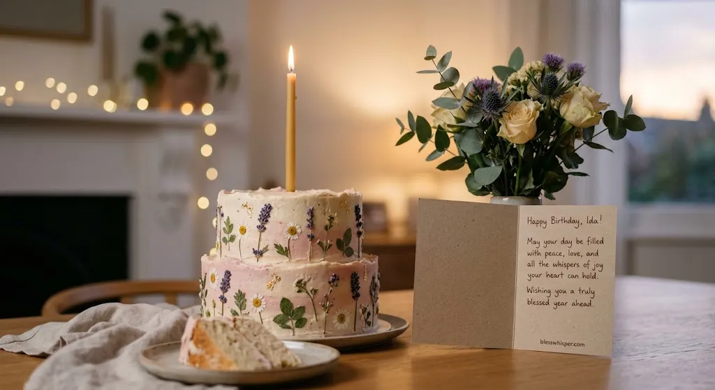 Birthday Blessings and Prayers with a peaceful birthday cake and greeting card