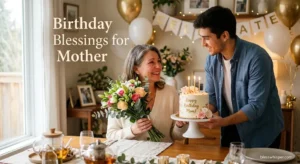 Birthday Blessings for Mother with a loving birthday celebration, cake, flowers, and heartfelt family wishes