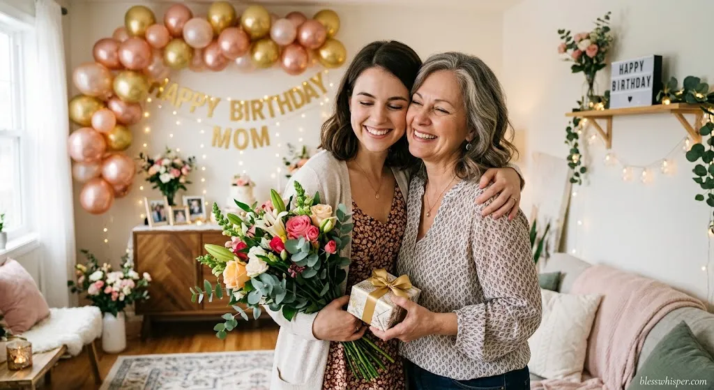 Birthday Blessings for Mother from daughter with flowers, birthday gift, and loving embrace