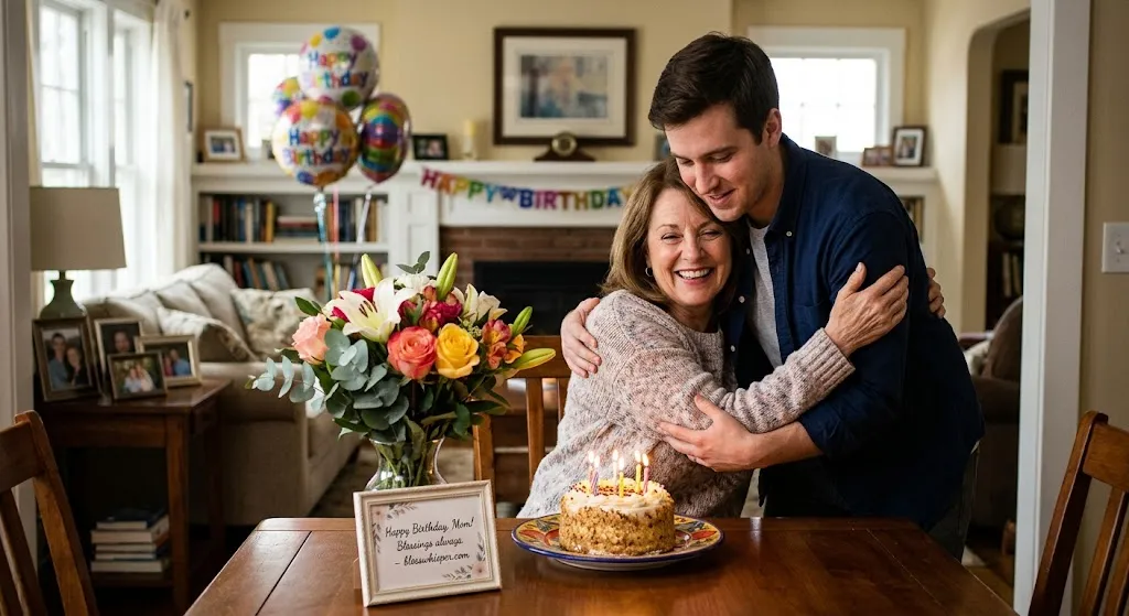 Birthday Blessings for Mother from son with birthday cake, flowers, and heartfelt family celebration