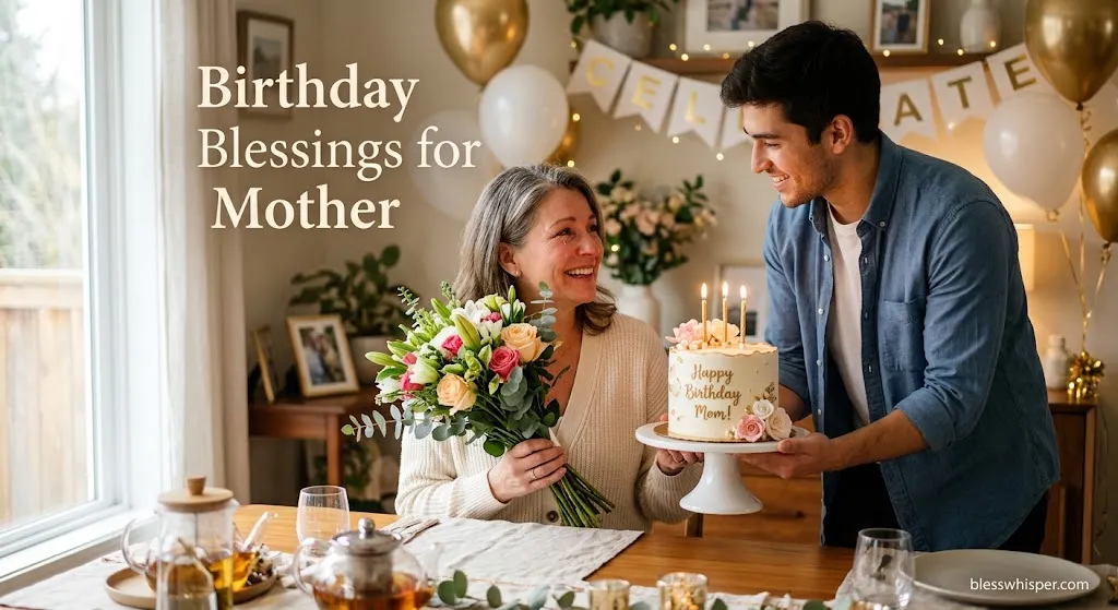 Birthday Blessings for Mother with a loving birthday celebration, cake, flowers, and heartfelt family wishes
