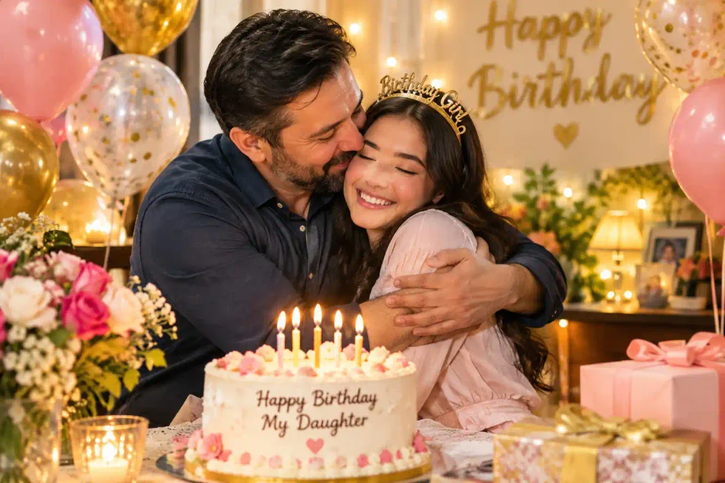 Happy birthday wishes for daughter from dad with a father hugging his daughter beside her birthday cake