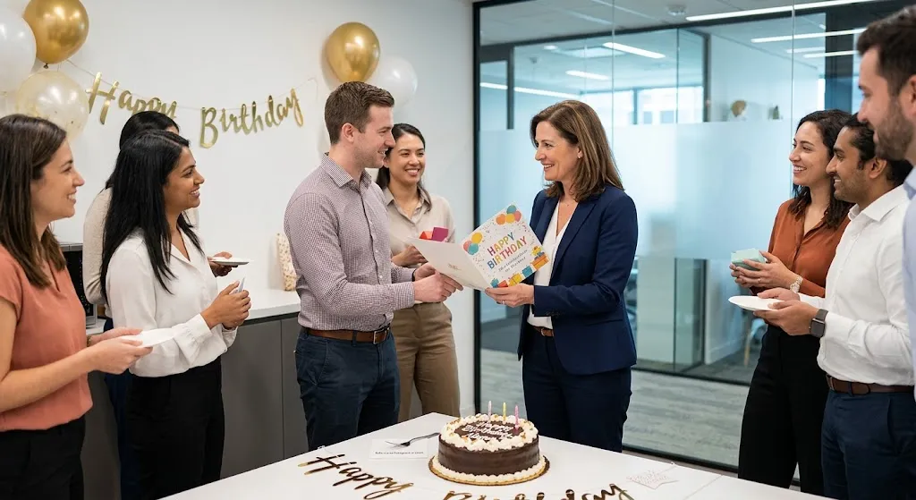 Happy birthday wishes for coworker and manager with professional office birthday celebration
