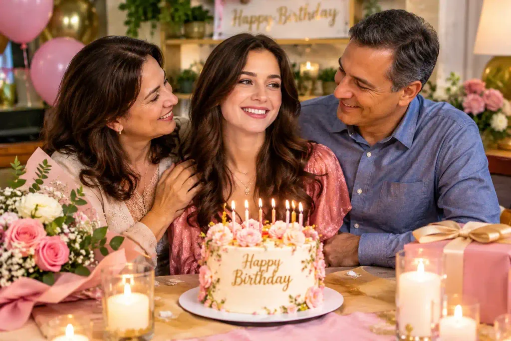 Happy birthday wishes for daughter celebrating a grown-up daughter with her parents, birthday cake, and flowers