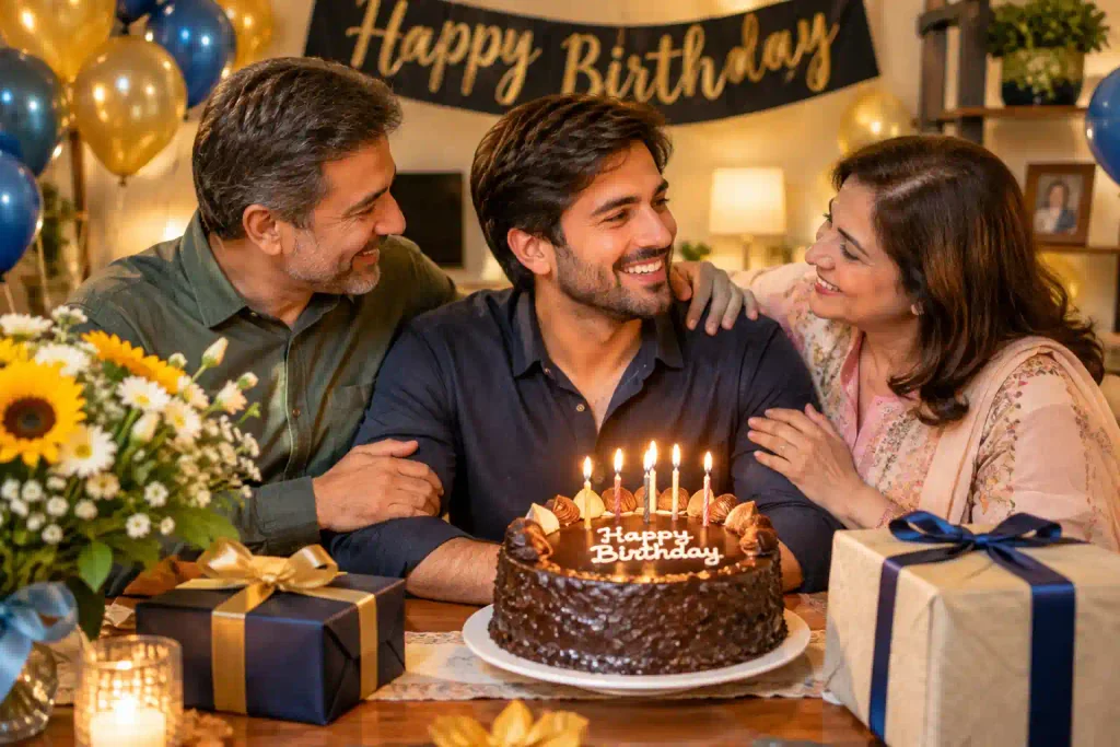 Happy birthday wishing son celebrating with his parents during a warm grown-up birthday moment