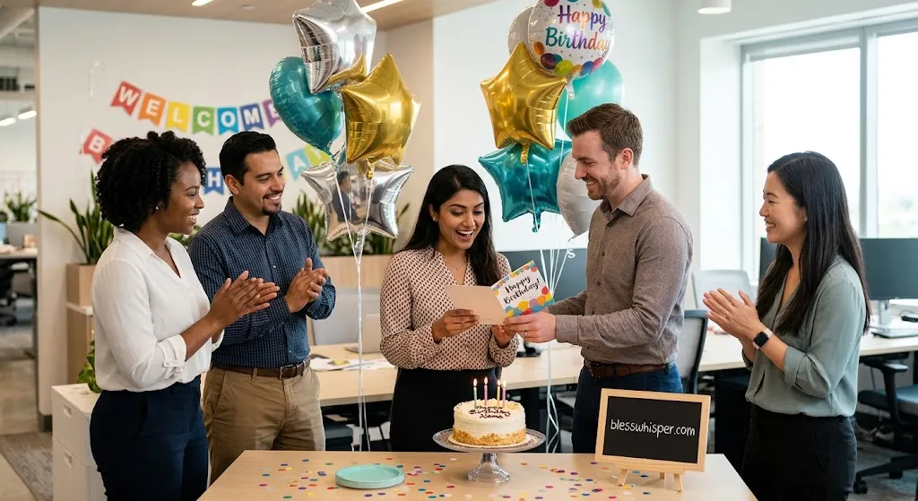 Happy birthday wishes for coworker celebrating a new coworker with office cake and card