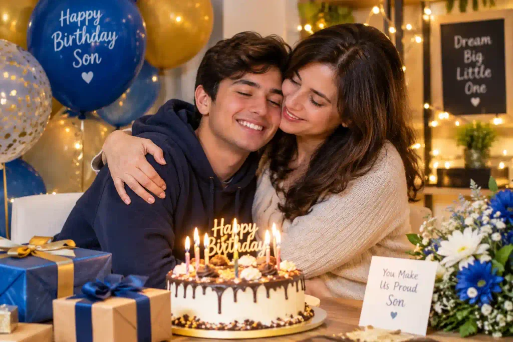 Happy birthday wishing son from mom with a loving mother hugging her son beside birthday cake