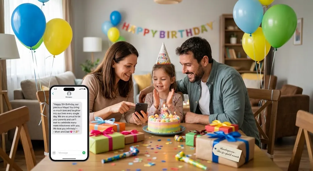 Birthday Wishes for a Son or Daughter with cake, gifts, and balloons