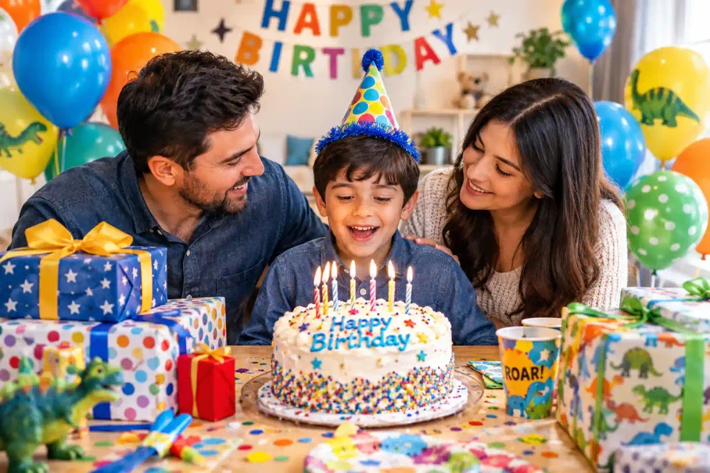 Happy birthday wishing son celebrating his special day with parents, cake, balloons, and gifts