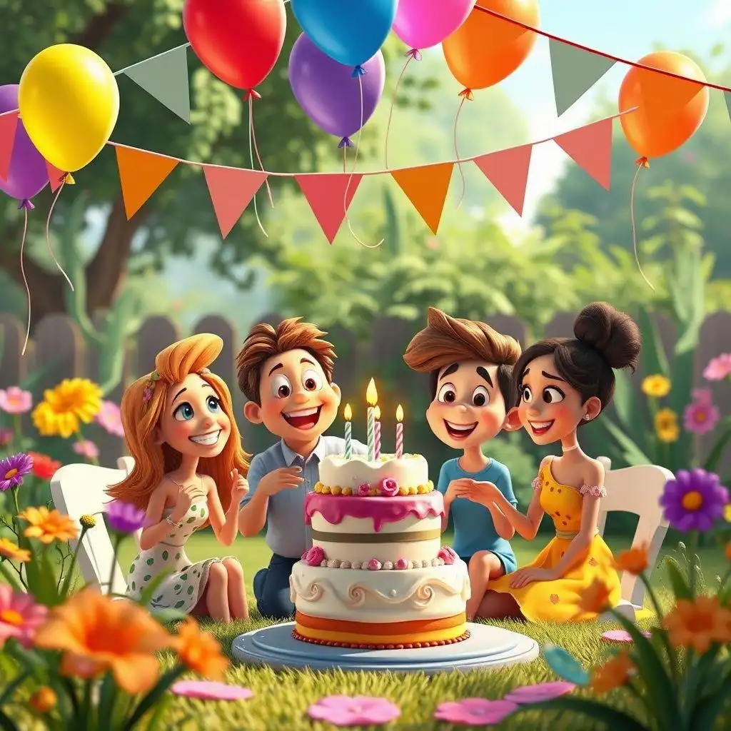 Christian happy birthday wishes for friends with cartoon friends celebrating, birthday cake, balloons, and faith-inspired decorations.