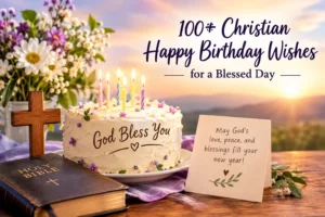 A faith-inspired birthday design with cake, Bible, cross, flowers, and Christian birthday blessings.
