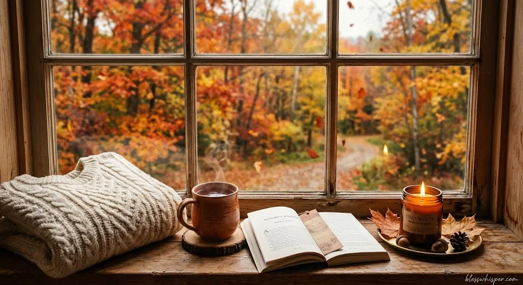 cozy Wednesday fall quotes with sweater, book, and autumn leaves