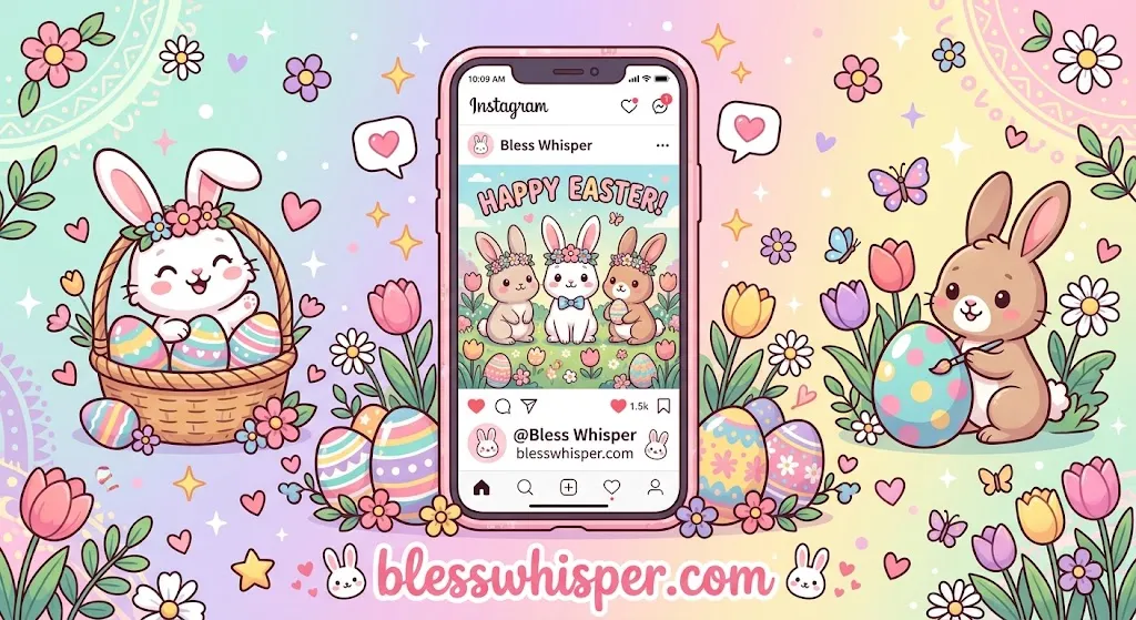  Cartoonish AI-generated Easter bunnies, colorful eggs, and a smartphone design for happy Easter wishes on social media and Instagram.