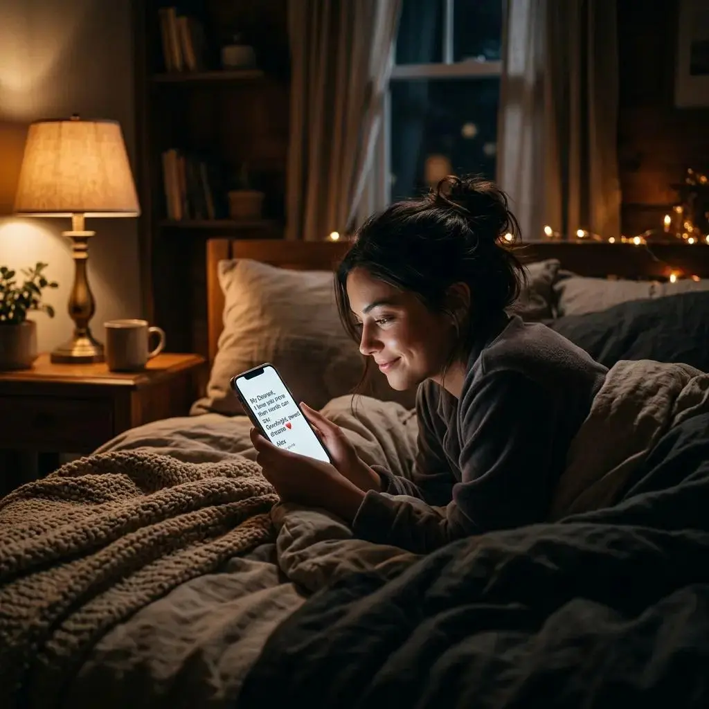 Realistic woman texting her boyfriend at night with flirty goodnight texts for him on WhatsApp
