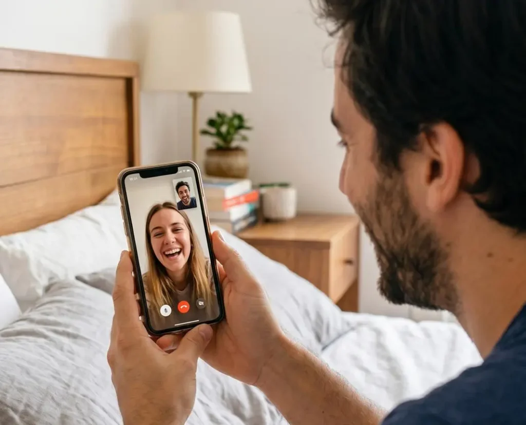 Realistic man smiling during a romantic nighttime video call inspired by flirty goodnight texts for him to make him miss you