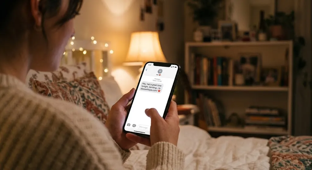 Realistic romantic couple texting at night while sharing flirty goodnight texts for him with love and affection