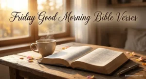 Friday good morning Bible verses with an open Bible and peaceful sunrise