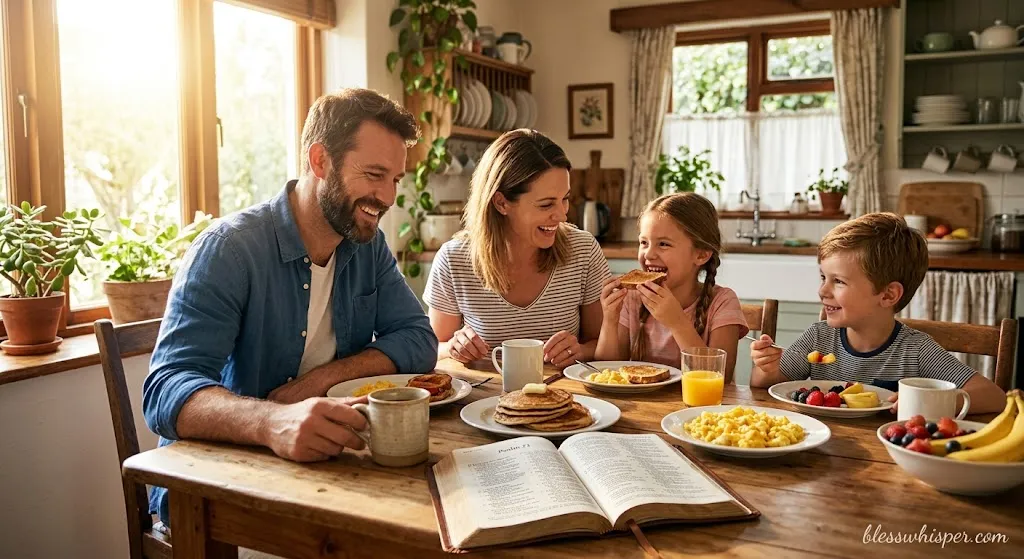 Friday good morning Bible verses for family with an open Bible and family morning gathering