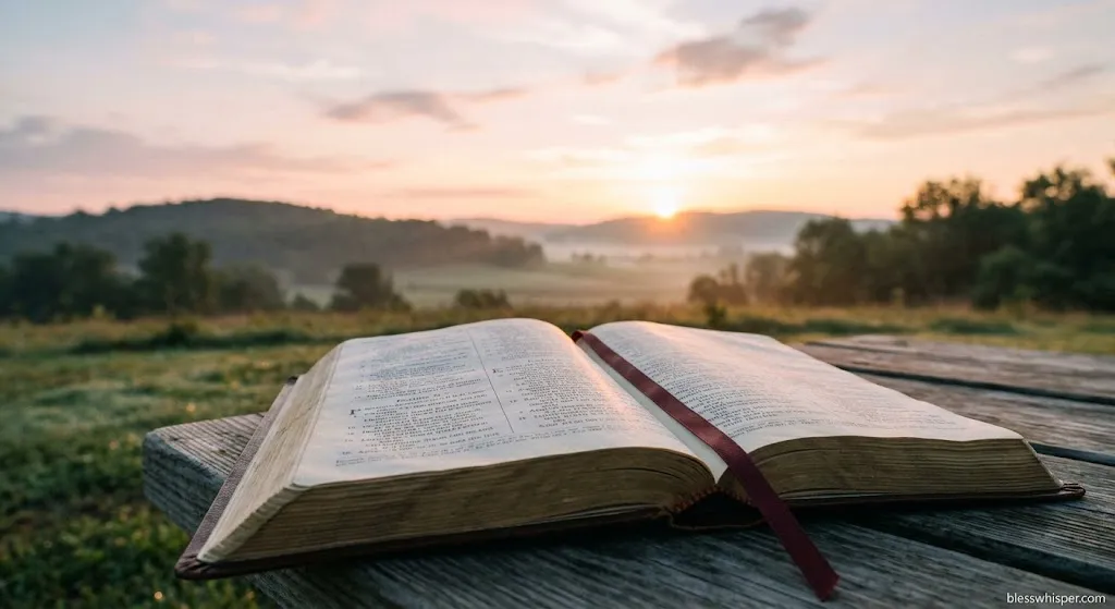 Friday good morning Bible verses for peace with an open Bible and peaceful sunrise