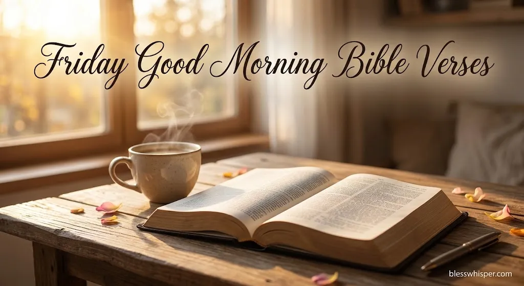 Friday good morning Bible verses with an open Bible and peaceful sunrise