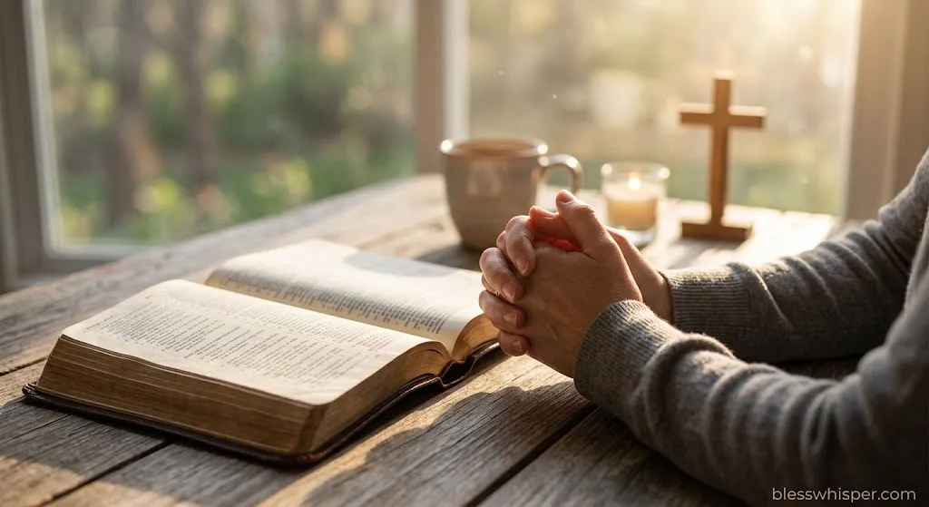 Friday good morning Bible verses for prayer with an open Bible and praying hands