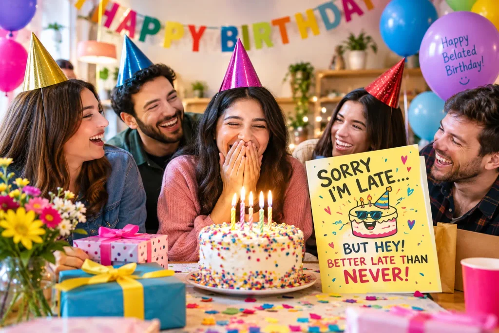 Belated happy birthday wishes with friends laughing around a funny birthday cake and colorful decorations