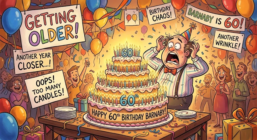 Funny cartoon character getting older with hilarious birthday wishes and candles