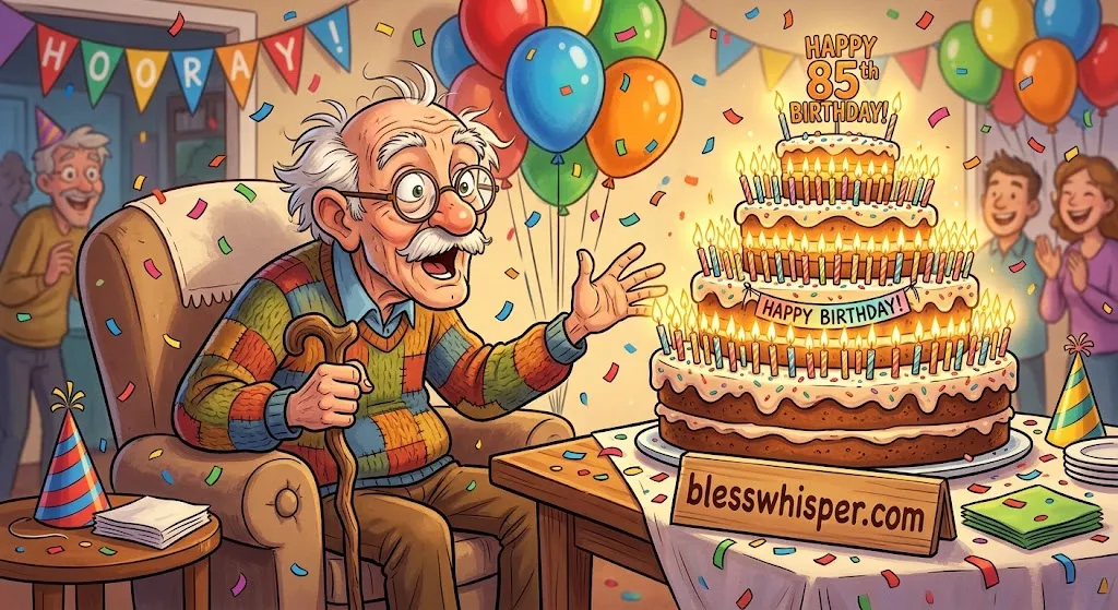 Funny happy birthday wishes about getting older with cartoon character, many candles, cake, and balloons