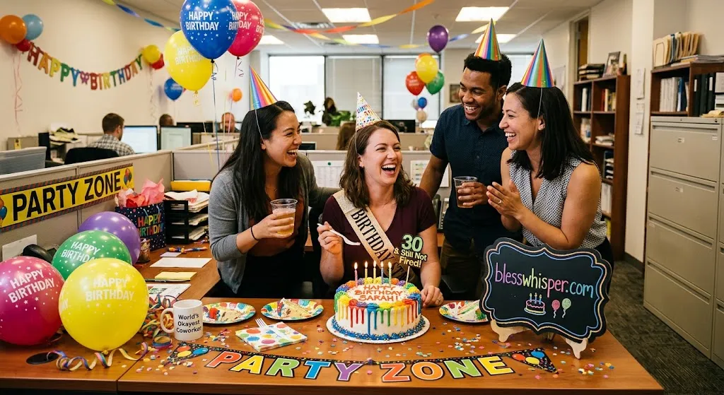 Funny happy birthday wishes for coworker with colorful office birthday celebration
