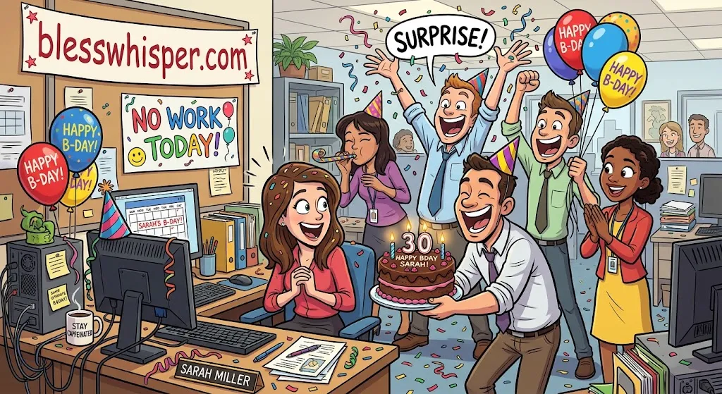 Funny happy birthday wishes for coworkers with cartoon office party, birthday cake, balloons, and gifts