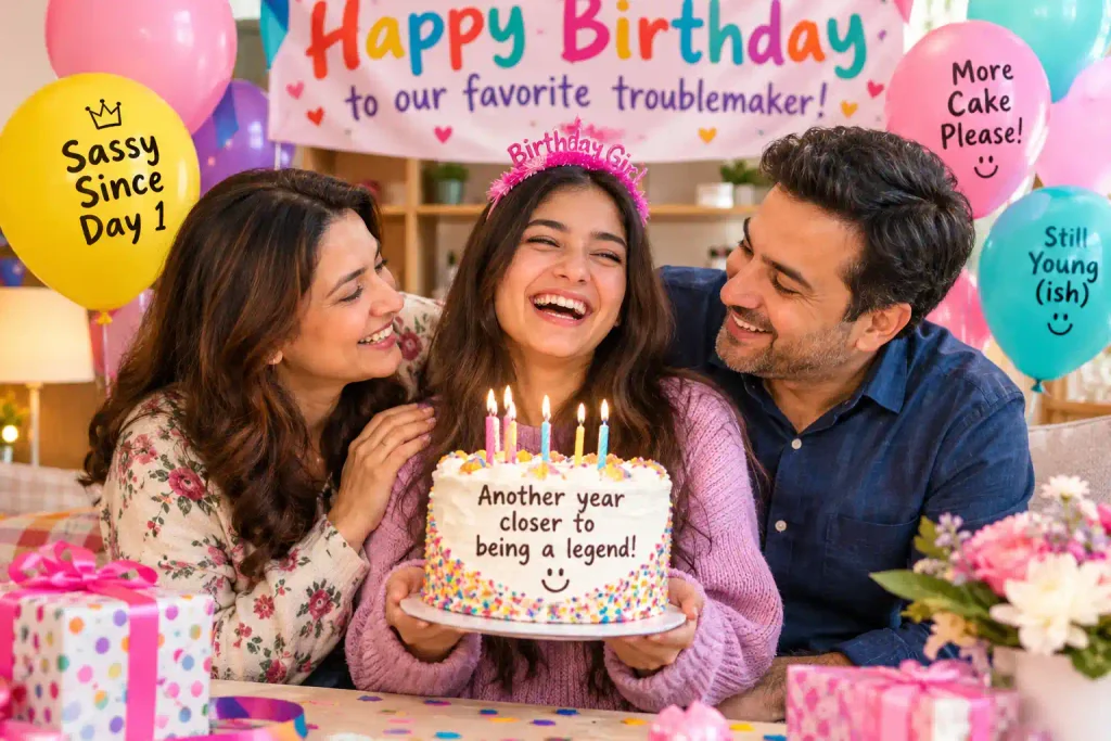 Funny happy birthday wishes for daughter with a laughing daughter celebrating with family and a birthday cake