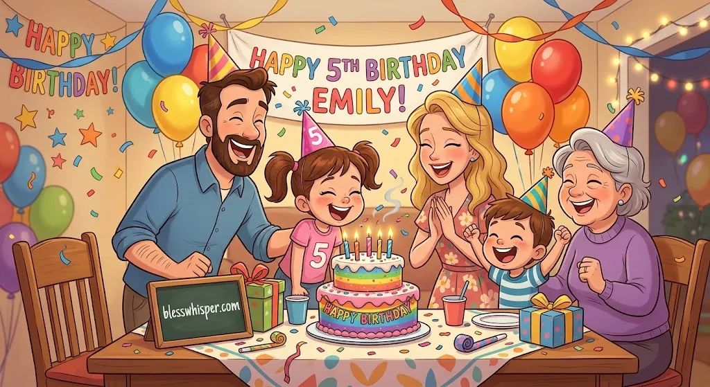 Cartoon family celebrating with cake and hilarious birthday wishes